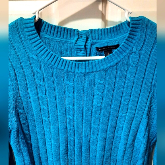 Tommy Hilfiger Sweater Womans Medium Blue Cable Knit Preppy Classic Fitted - Picture 3 of 9